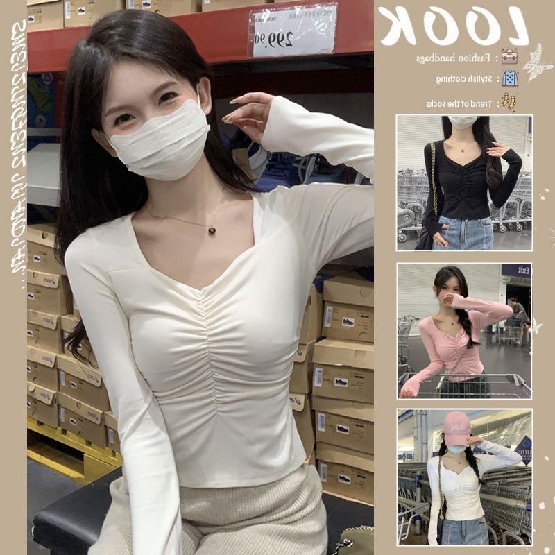 Vapetix S(60-80 pounds)-2XL (130-150 lbs) Fall/Winter Pure & Alluring Slimming Short Korean-Style V-Neck Long-Sleeve Velvet Base Top for Wome – Bild 6