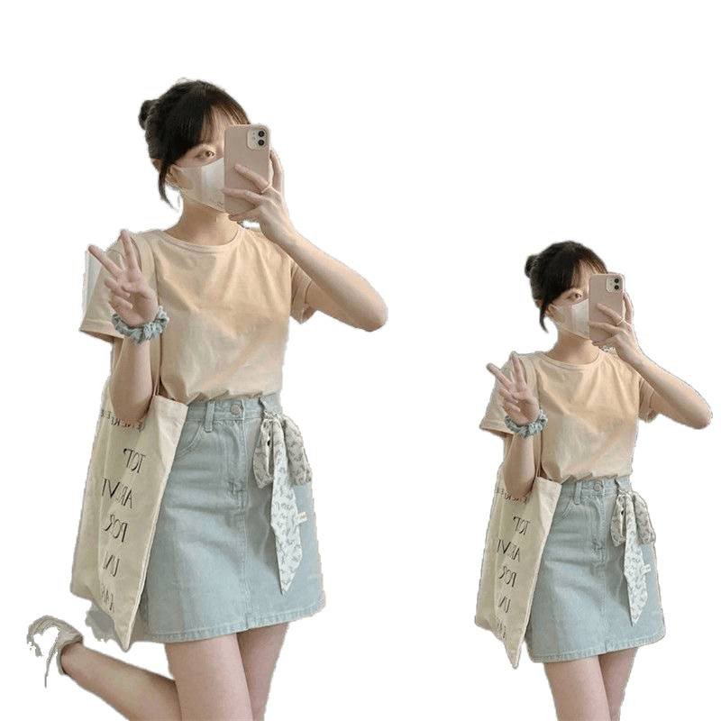 Vapetix S-XL French-style new Chinese dopamine summer short-sleeve date set dress with floral denim short skirt, – Bild 8