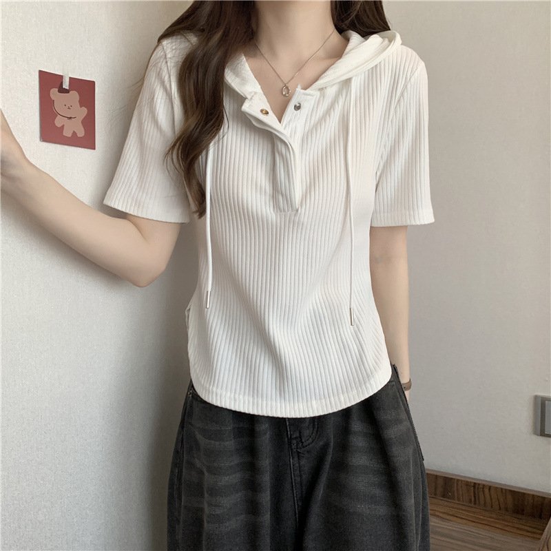 Vapetix M suggestion (40-50 kg)-Size 4XL recommended (181-200 lbs) Women's Hooded Regular Shoulder Short Sleeve T-shirt 2025 Summer Plus Size Slimming Stomach Coverin – Bild 8