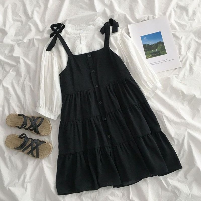 Vapetix S-XXL Black Strap Dress for Women, Academy Style, Youthful Skirt, Petite Short Skirt, Loose Strap Dress, – Bild 9