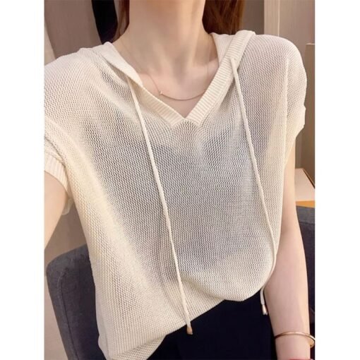 Vapetix Free Size-Free Size  High-end Women's Fashion 2024 New Summer Stylish and Elegant Hooded Knit Top with Drawstring, Thin – Bild 7