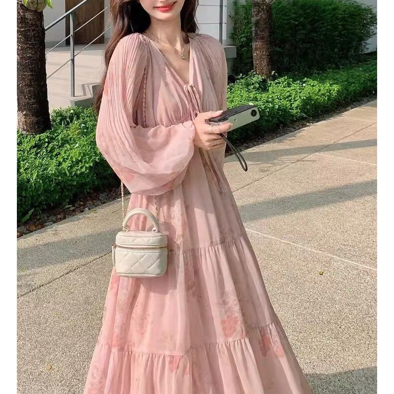 Vapetix S-2XL Long-sleeved Dress Korean Version 2025 Summer New Floral Loose Cover Belly Lantern Sleeve Dopamine - 图片 8