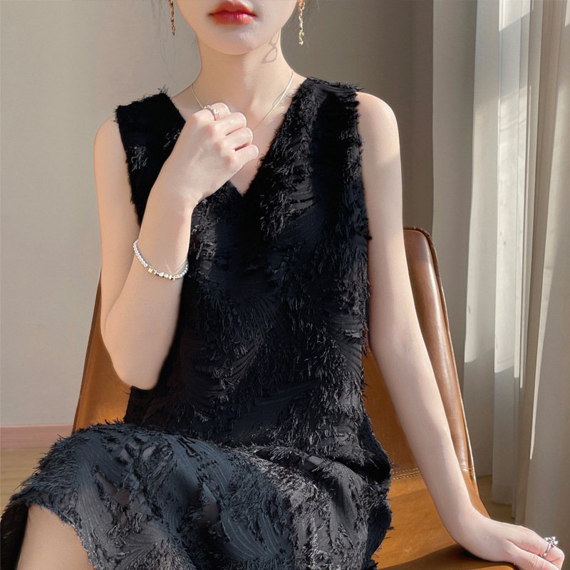 Vapetix M- Summer French New Style 2025 Medium-Length Elegant Embossed Sleeveless Dress Blouse with Floral Col – Bild 8