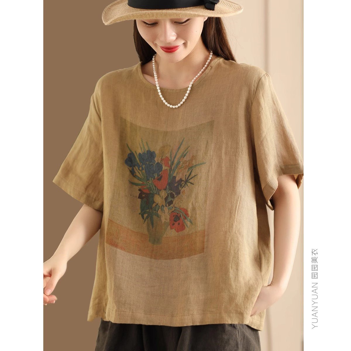 Vapetix M-3XL #603 2025 Summer Printed Cotton-Linen Blouse Women's Round Neck Short Sleeve Top in Linen Brown, Ca – Bild 9