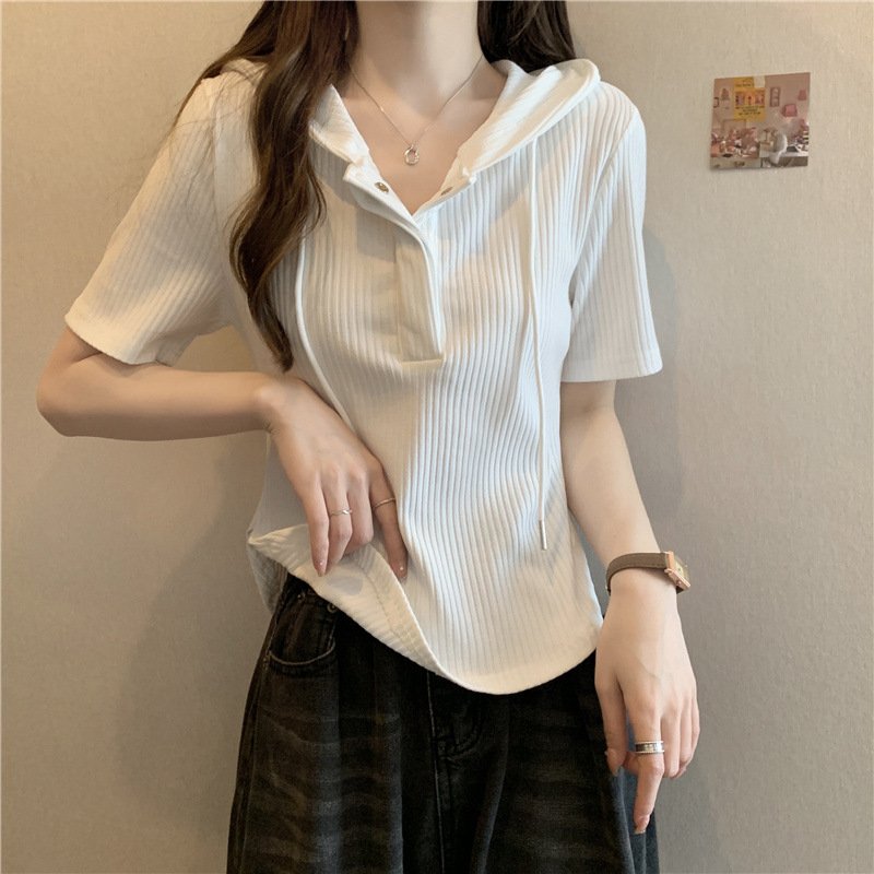 Vapetix M suggestion (40-50 kg)-Size 4XL recommended (181-200 lbs) Women's Hooded Regular Shoulder Short Sleeve T-shirt 2025 Summer Plus Size Slimming Stomach Coverin – Bild 9