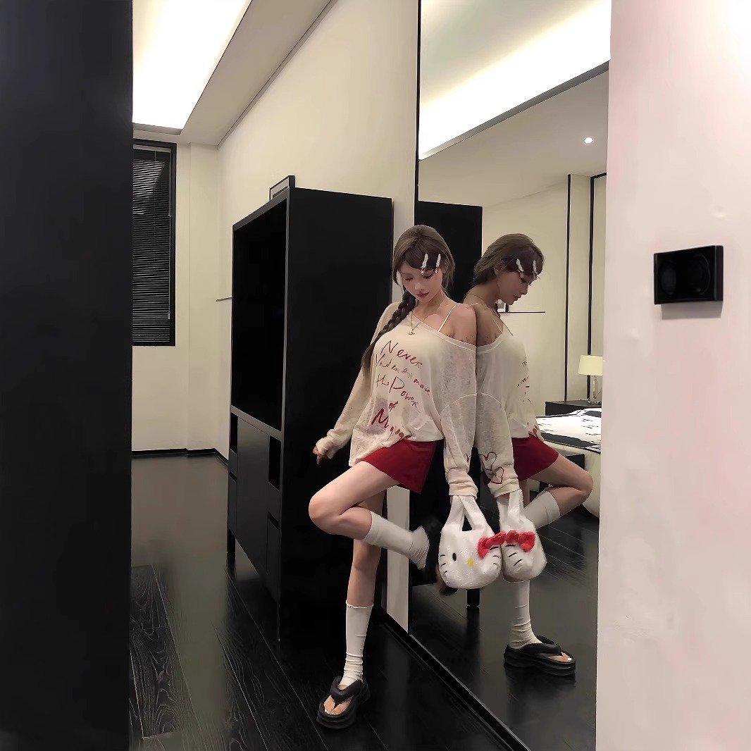 Vapetix S-XL MR【Cotton Linen Fabric】American Hot Girl Letter Print Sloping Shoulder Sun Protection Long Sleeve T - 图片 3