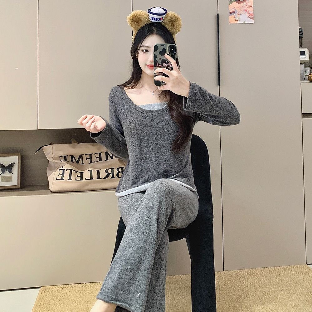 Vapetix M-XXL Cashmere-designed faux two-piece color-block pajamas for women: Autumn/Winter long-sleeve top and p – Bild 4