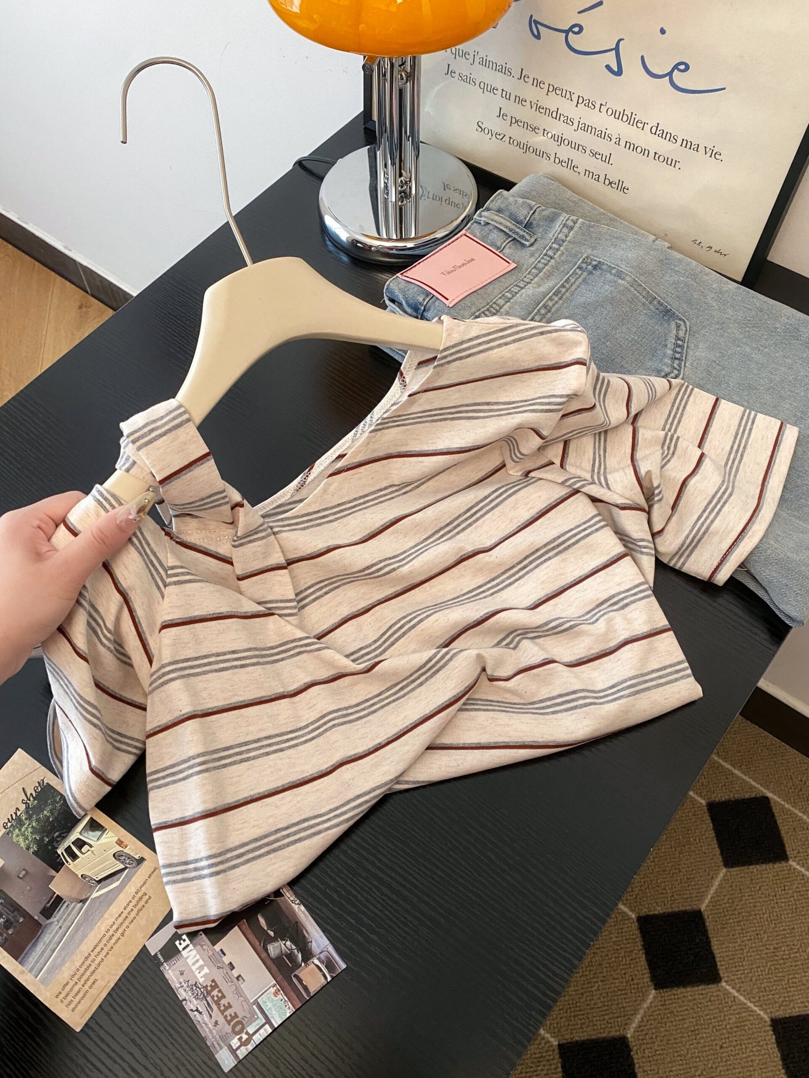 Vapetix S-XL Korean-style striped asymmetrical shoulder short-sleeve women's thin summer new design unique absol - 图片 2