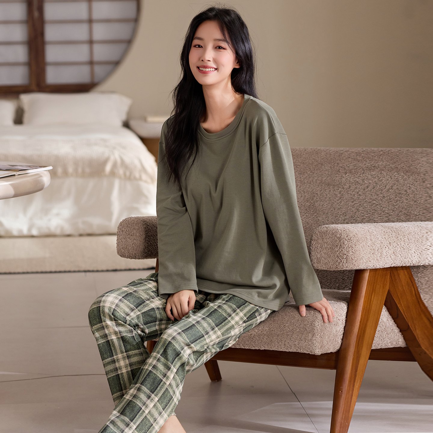 Vapetix M-XXL Qiao Mengran 2025 Autumn Cotton Crew Neck Long Sleeve Long Pants Nightgown Set for Women Casual Com – Bild 5