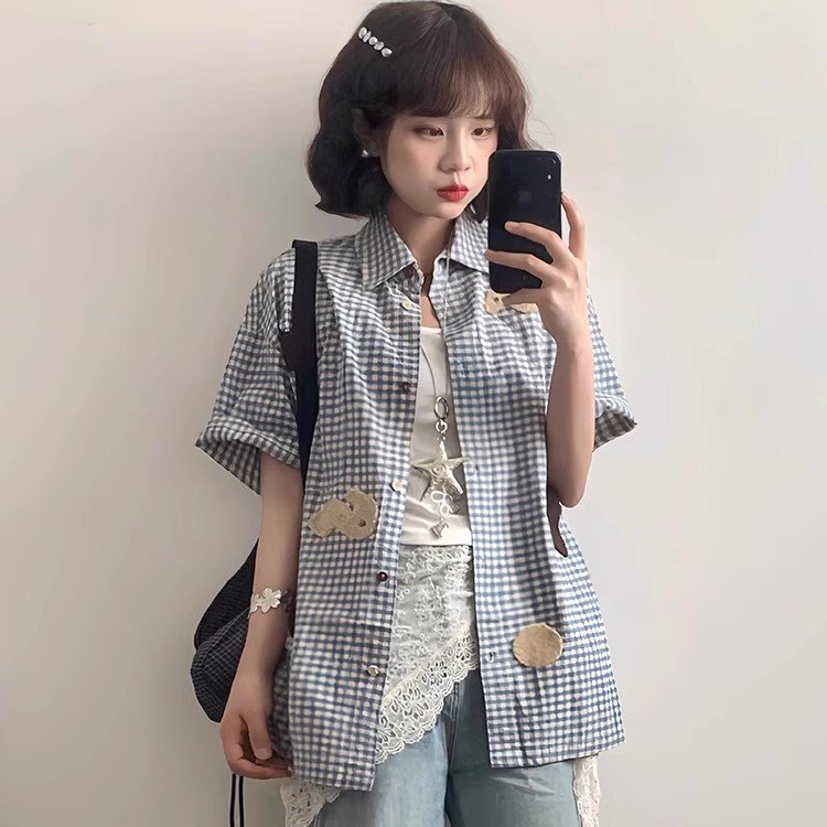 Vapetix S-2XL Women's 2025 Summer Short Sleeve Gingham Shirt in Japanese Retro Loose Casual College Style Thin Bl – Bild 2