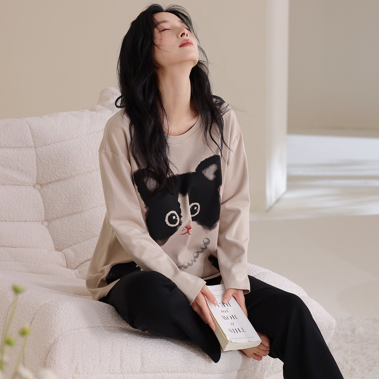 Vapetix M-XXL Jiao Mengran 2025 Autumn Pure Cotton Crew Neck Long Sleeve Pants Pajama Set for Women Leisure Comfo – Bild 2