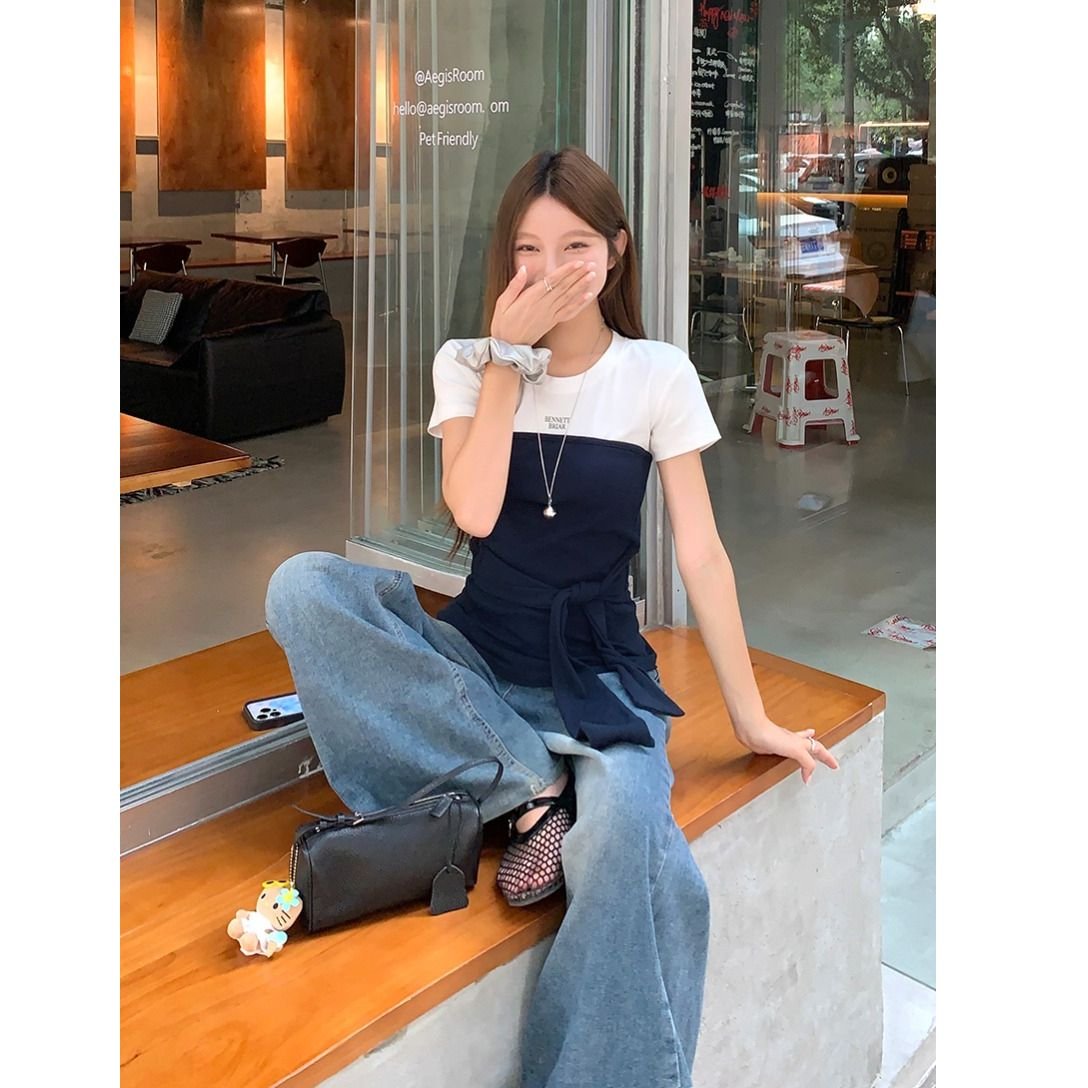 Vapetix S-XL 【40-ply Pure Cotton】Two-Tone Plaid Strap Short-Sleeve T-Shirt for Women - Summer Slimming & Stylish – Bild 3