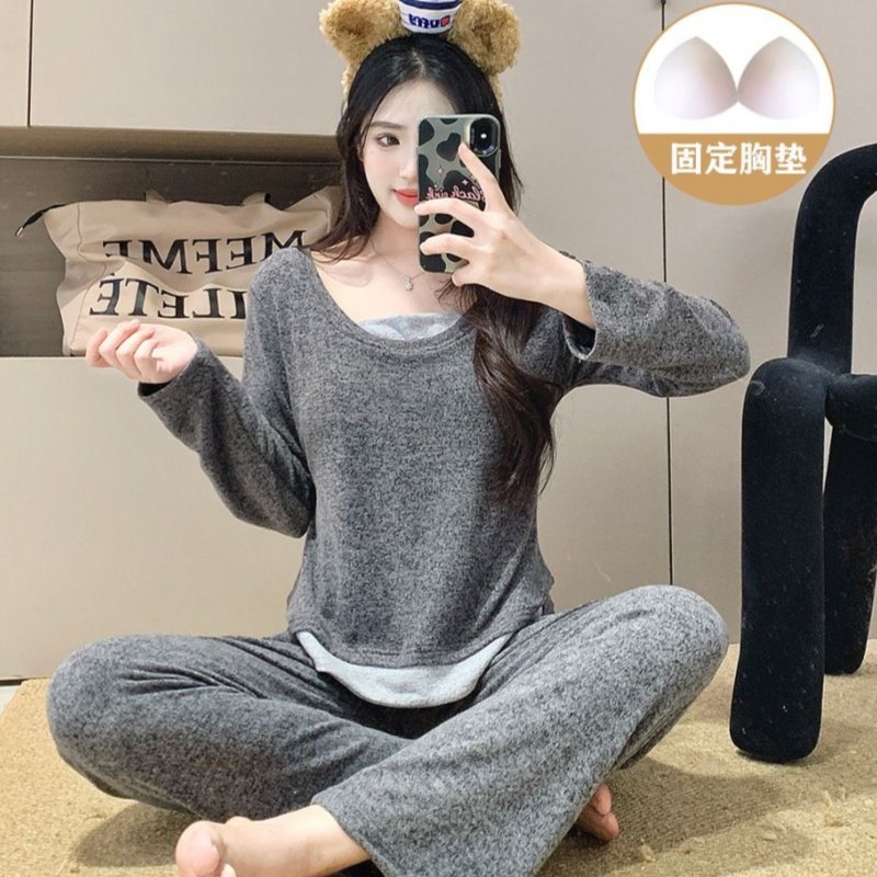 Vapetix M-XXL Cashmere-designed faux two-piece color-block pajamas for women: Autumn/Winter long-sleeve top and p – Bild 5