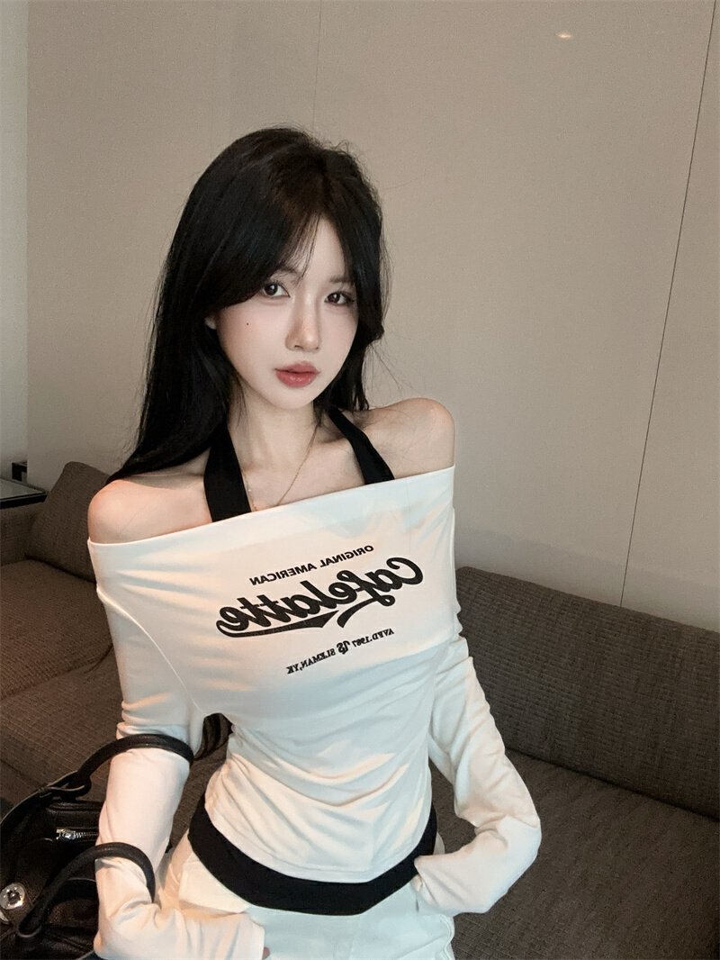 Vapetix Free Size-Free Size ~2025 New Pure Desire Color Block Collared False Two-Piece Letter Print Long-Sleeve T-Shirt Slimmin – Bild 6