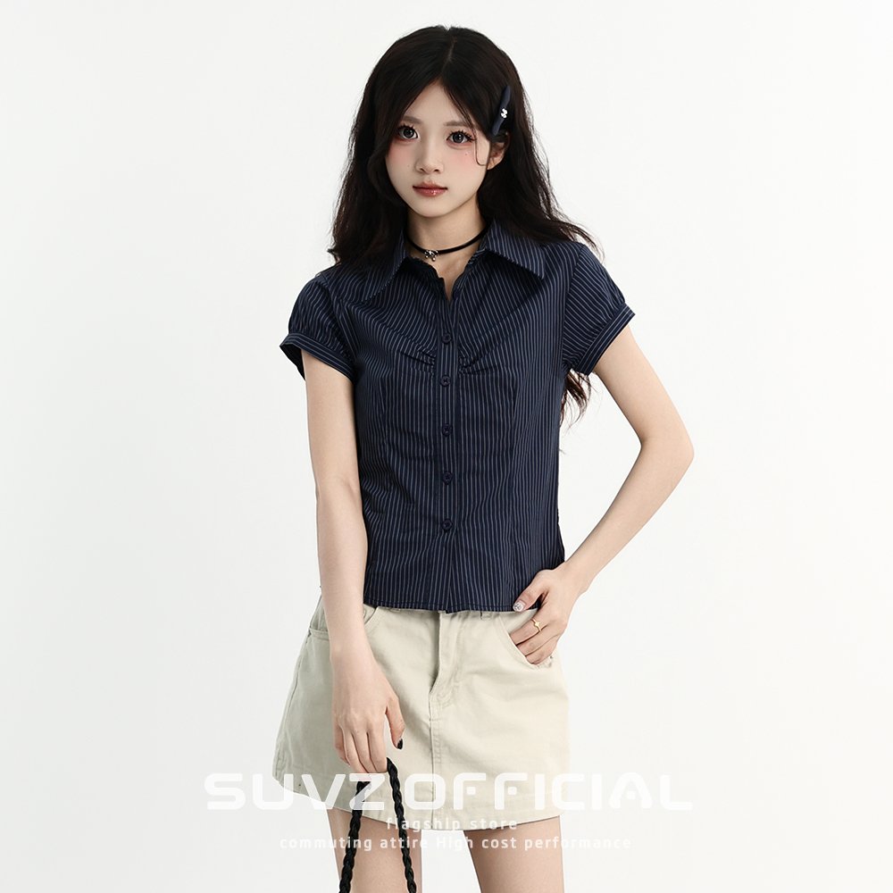 Vapetix S-XL MR【Original Fabric】Korean College Style Pleated Striped Polo Neck Short Sleeve Women's Summer Fitte – Bild 3