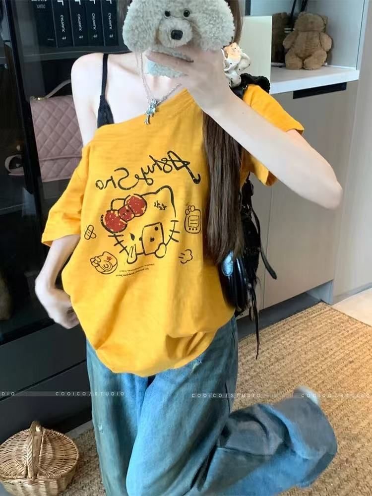 Vapetix S-XL Women's Summer T-Shirt with Cartoon Print, Off-Shoulder Short Sleeve, 92% Cotton 8% Spandex – Bild 2