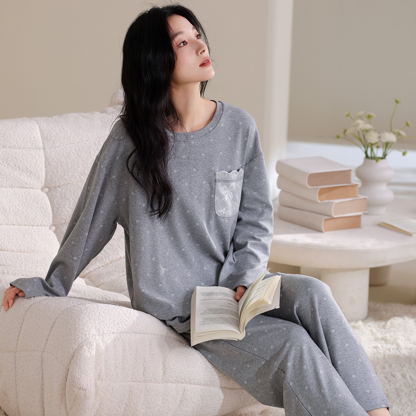 Vapetix M-XXL Qiao Mengran 2025 Autumn Pure Cotton Crew Neck Long Sleeve Long Pants Women's Pajama Set Casual Com – Bild 4