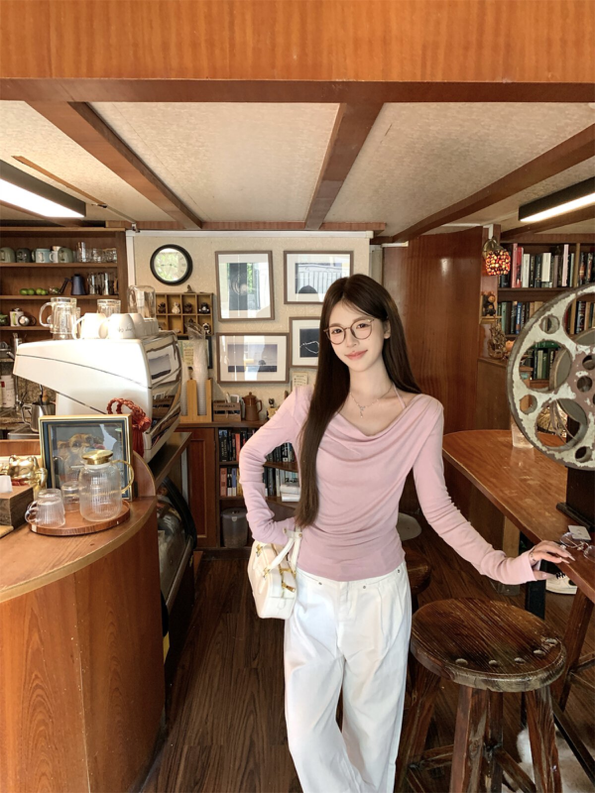 Vapetix S-XL Photographed Autumn Korean Pure Desire Swing Collar One-Shoulder Bodycon Neckline Pleated Long-Slee – Bild 7