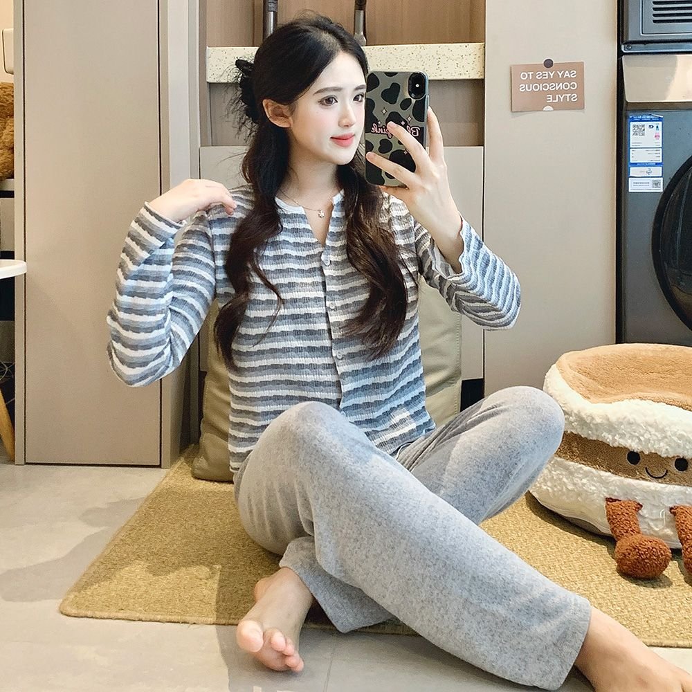 Vapetix M-XXL Cashmere Design Double-Button Pajama Set for Women, Fall/Winter Long-Sleeve Long-Pants Solid Color – Bild 2