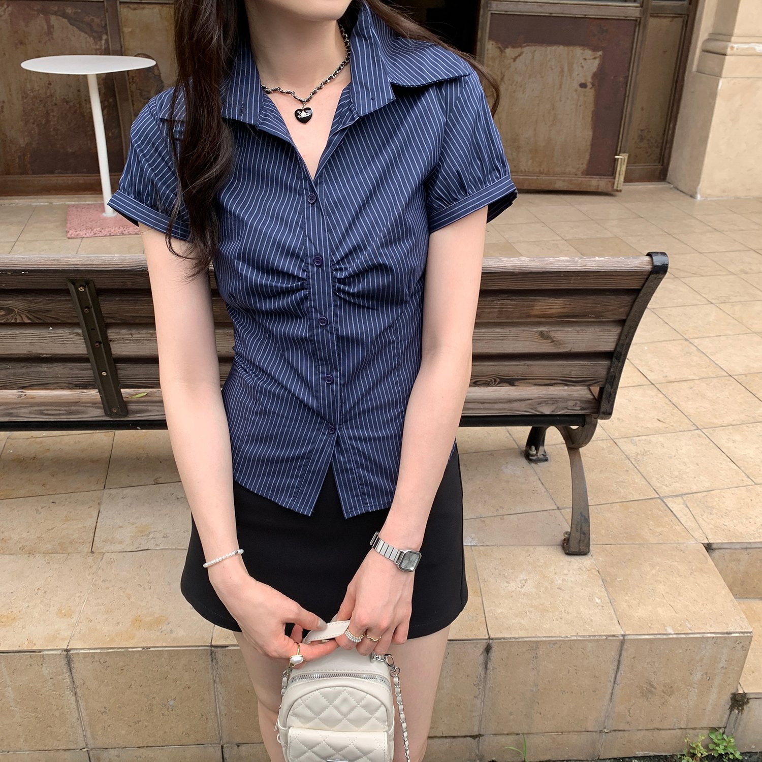 Vapetix S-XL MR【Original Color-Woven Stripes】Retro Striped Tuck-Waist Short-Sleeve Shirt with Single-Break Faste - 图片 3