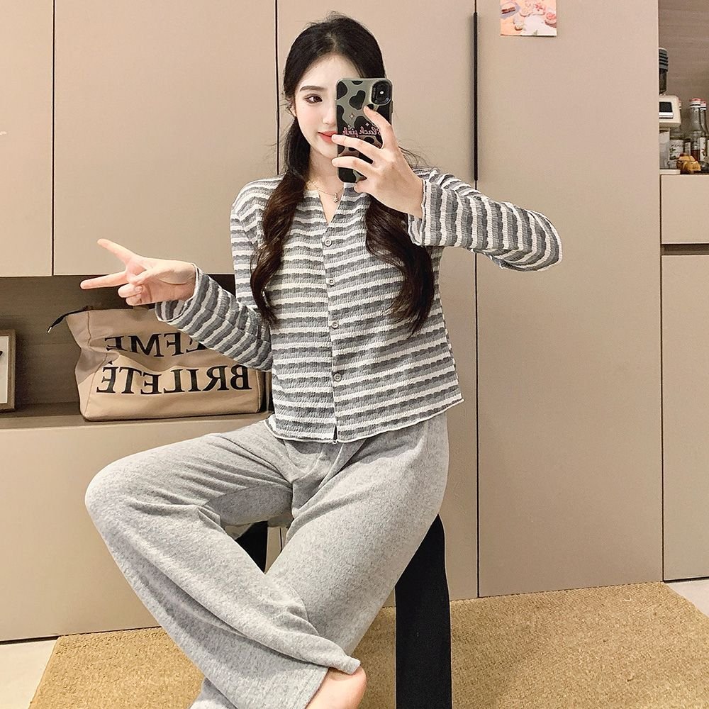 Vapetix M-XXL Cashmere Design Double-Button Pajama Set for Women, Fall/Winter Long-Sleeve Long-Pants Solid Color – Bild 3