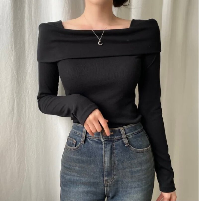 Vapetix Free Size-Free Size Korean chic autumn long-sleeved base shirt slim fit bone-revealing one-shoulder hidden detail T-shi – Bild 4