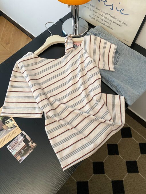 Vapetix S-XL  Korean-style striped asymmetrical shoulder short-sleeve women's thin summer new design unique absol – Bild 3