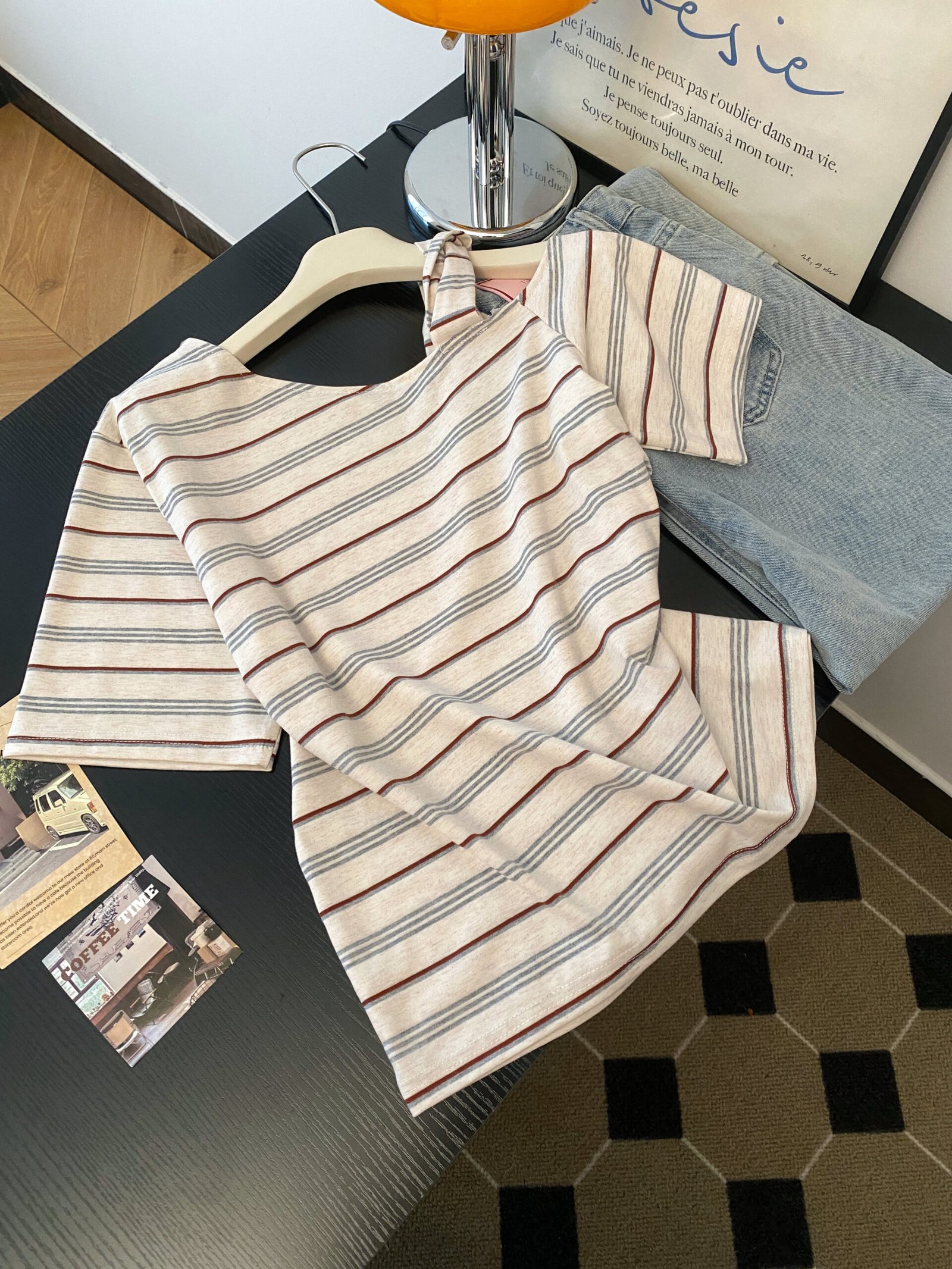 Vapetix S-XL Korean-style striped asymmetrical shoulder short-sleeve women's thin summer new design unique absol - 图片 3