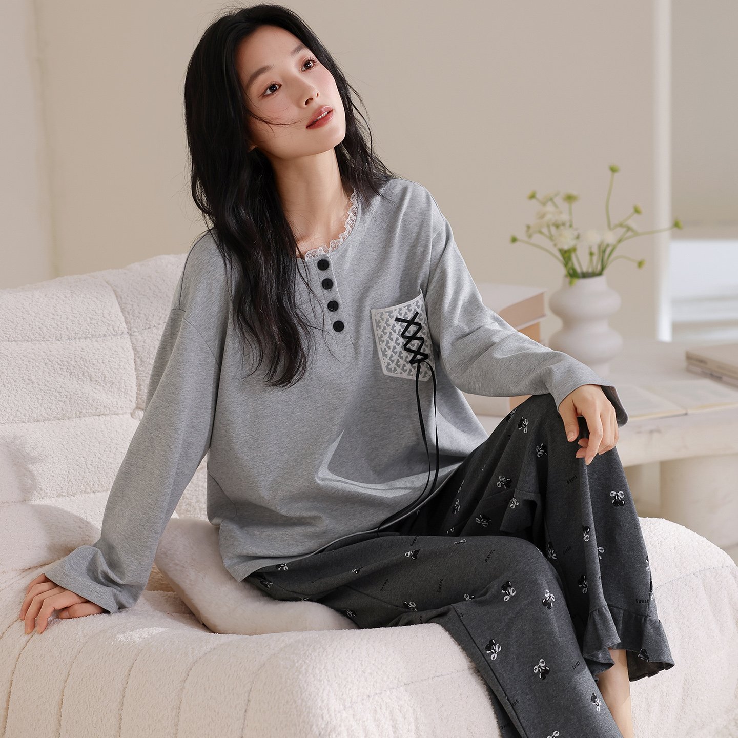 Vapetix M-XXL Women's Set of 2025 Autumn Pure Cotton Crew Neck Long Sleeve Pants Pajamas - Casual, Comfortable, S – Bild 5