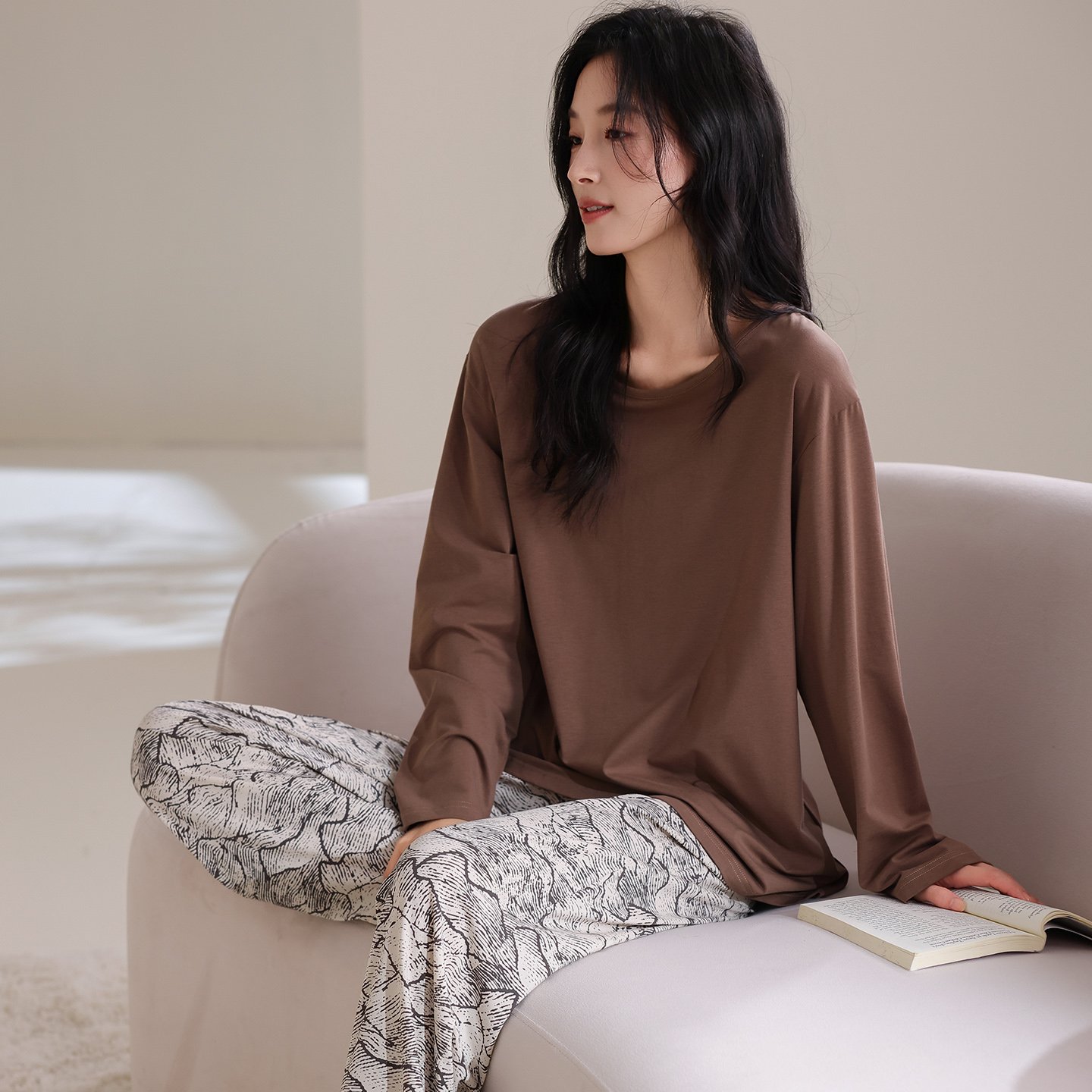 Vapetix M-XXL Qiao Mengran 2025 Autumn Cotton Crew Neck Long Sleeve Long Pants Pajama Set for Women Casual Comfor – Bild 5