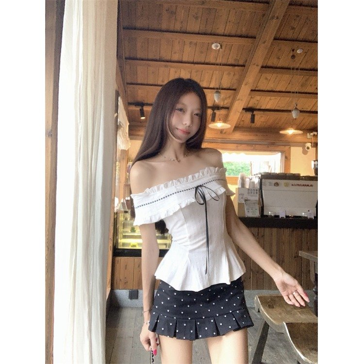 Vapetix S-XL MR【Original Embroidered Fabric】Pure Desire Style Design White One-Shoulder Short-Sleeve T-Shirt for - 图片 4