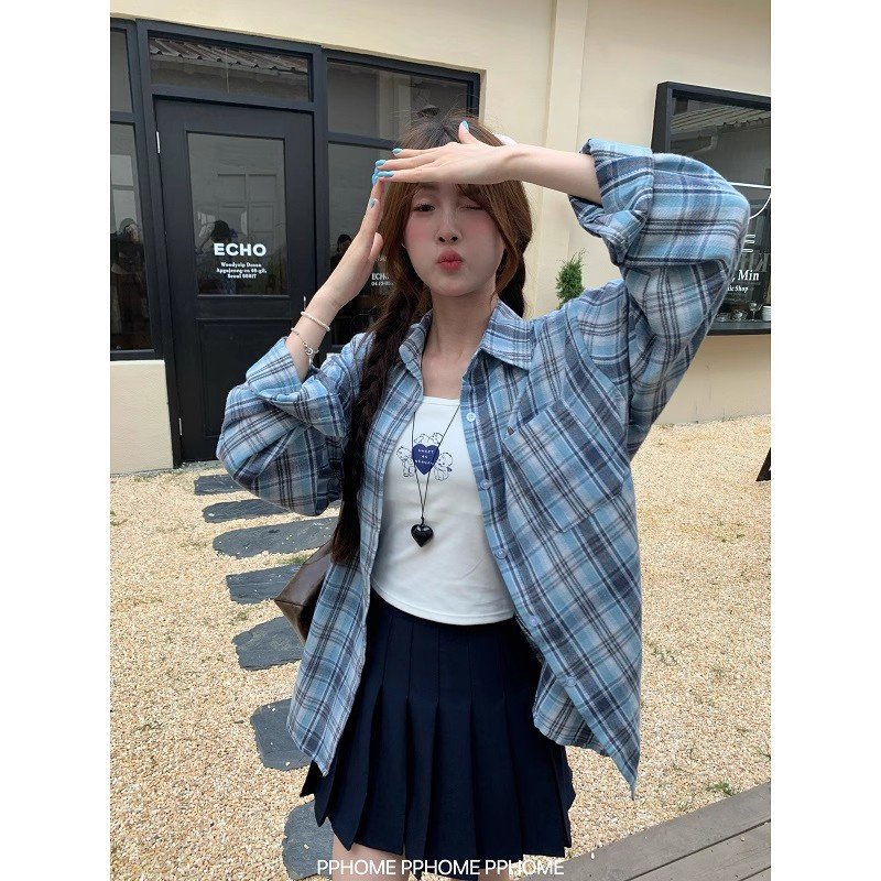 Vapetix S-2XL Women's early autumn loose and lazy blue checkered blouses with frayed edges – Bild 5