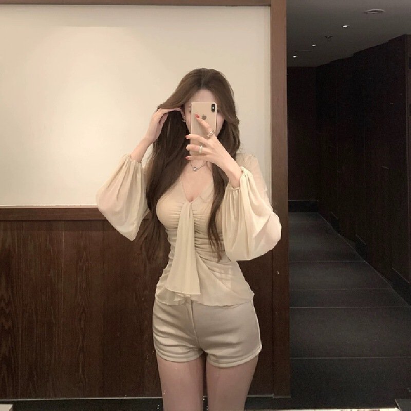 Vapetix S-L Kubiliv Misty Color Alluring Gentle Pure Desire Atmosphere Fitted Pleated V-Neck Elastic Long-Sleev – Bild 7