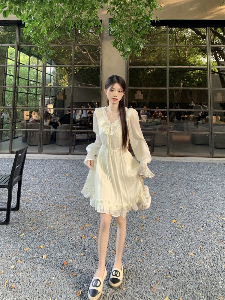 Vapetix S-2XL Gentle Breeze V-Neck Belted Long-Sleeve Dress for Women - Summer New Arrival French Chic Slimming M – Bild 4