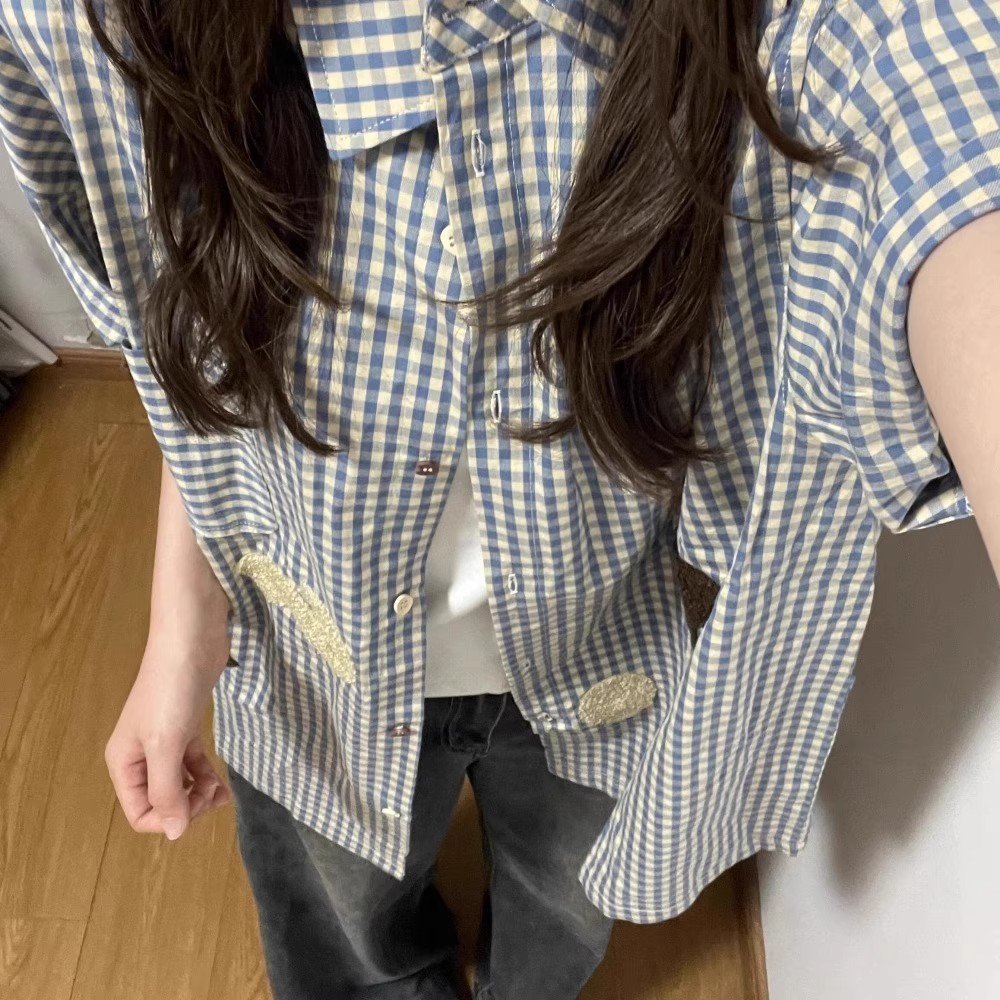 Vapetix S-2XL Elegant Korean Style Slouchy Blue Striped Short-Sleeve Shirt for Women - 2025 Summer New Arrival Pl – Bild 5