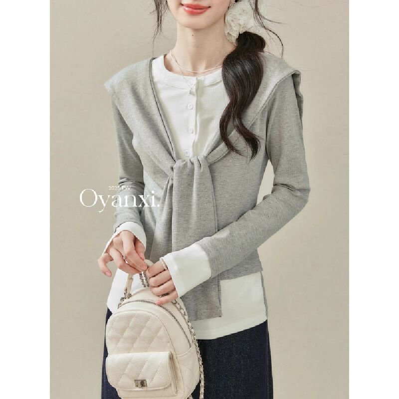 Vapetix S-XL Original Style Sheath Collar Design Slimming Gray Pajama Top Long Sleeve Women's Autumn Top – Bild 6