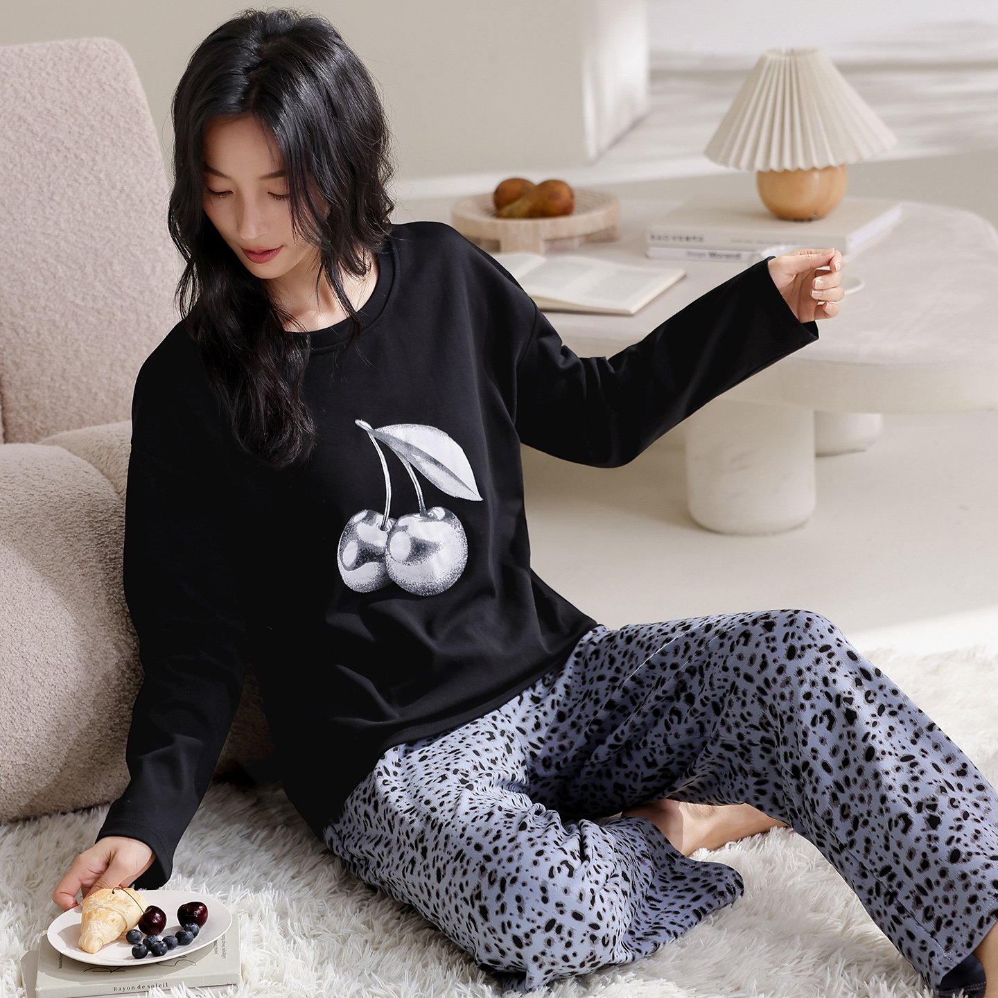 Vapetix M-XXL Qiao Mengran 2025 Autumn Pure Cotton Crew Neck Long Sleeve Long Pants Women's Pajama Set Casual Com – Bild 3