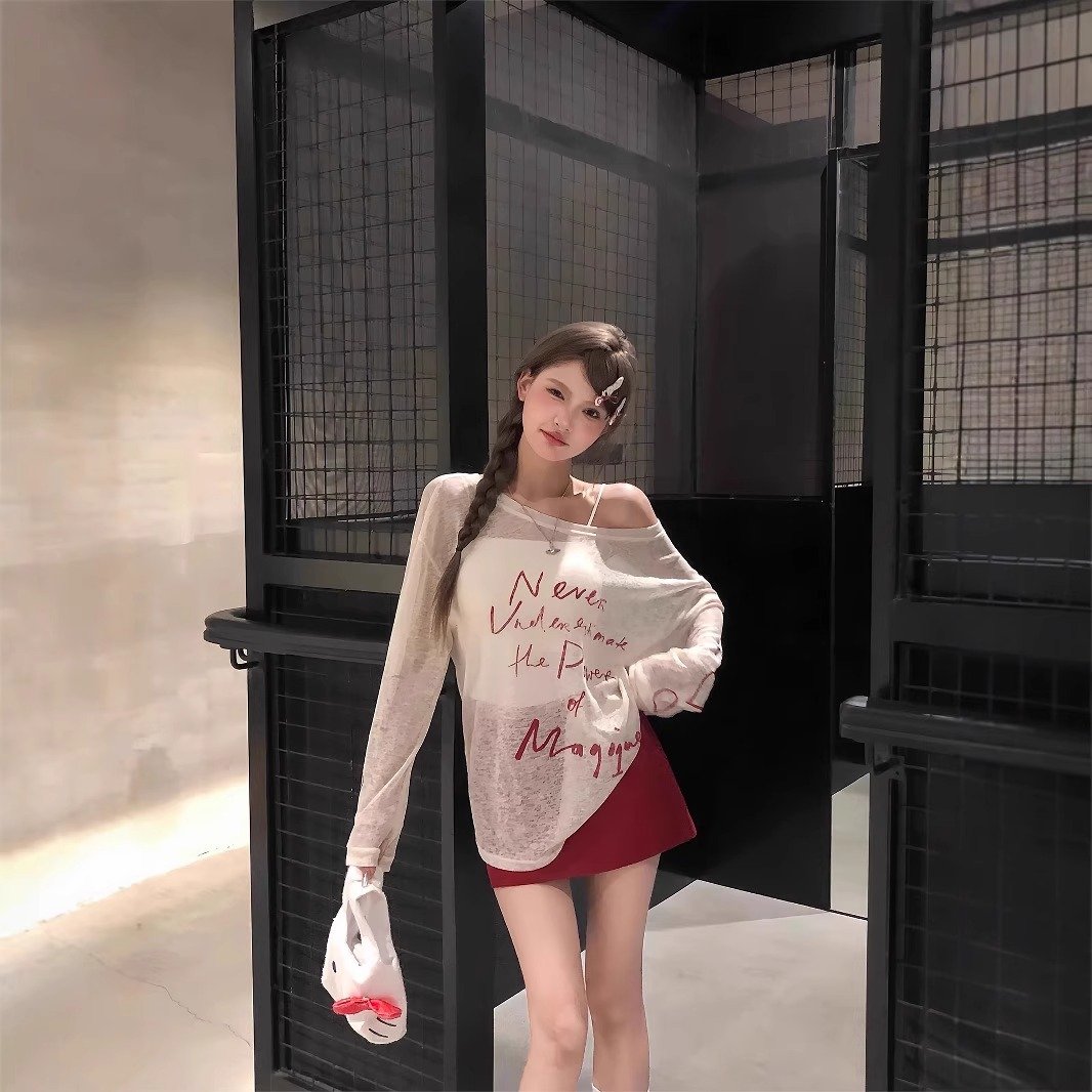 Vapetix S-XL MR【Cotton Linen Fabric】American Hot Girl Letter Print Sloping Shoulder Sun Protection Long Sleeve T - 图片 4