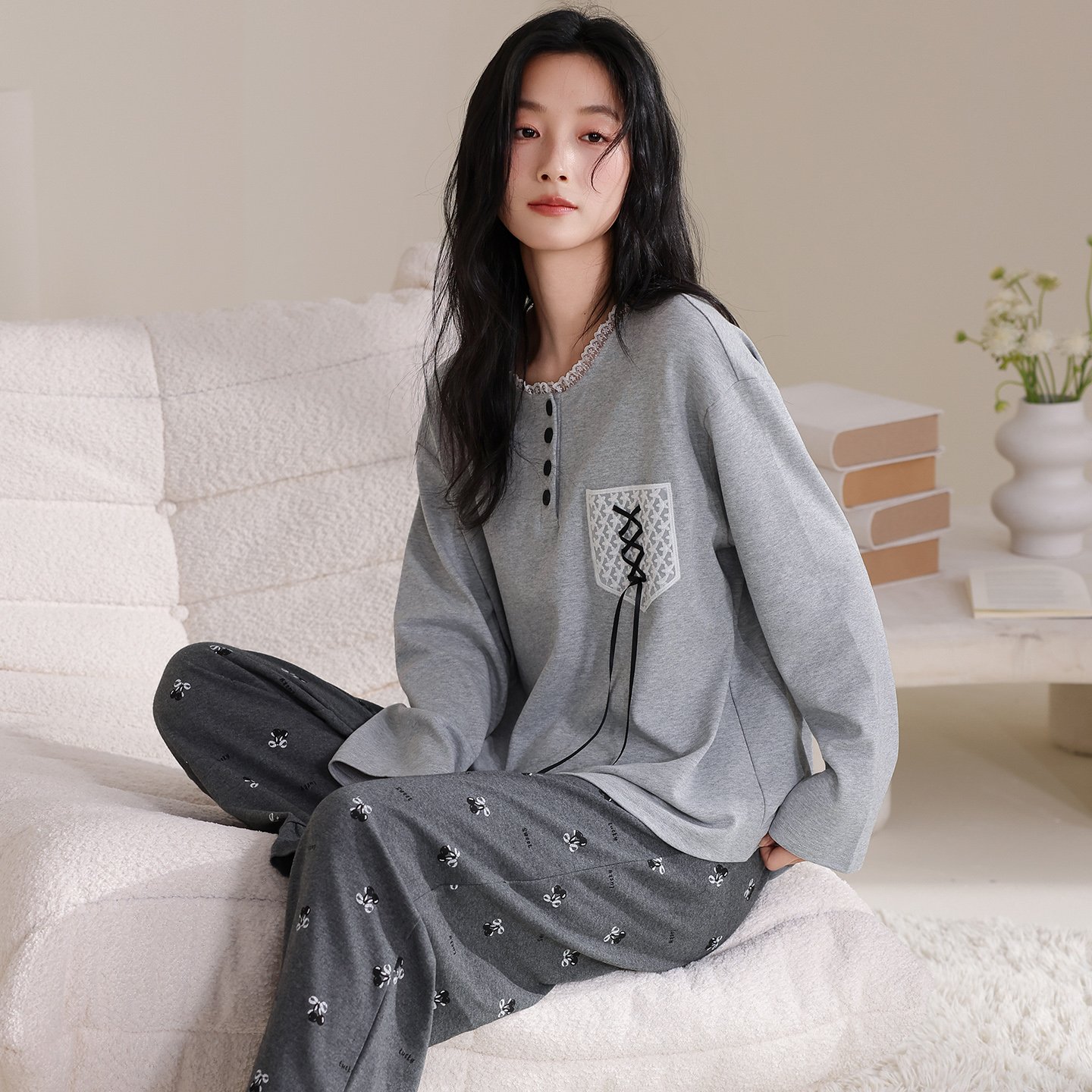 Vapetix M-XXL Women's Set of 2025 Autumn Pure Cotton Crew Neck Long Sleeve Pants Pajamas - Casual, Comfortable, S – Bild 4