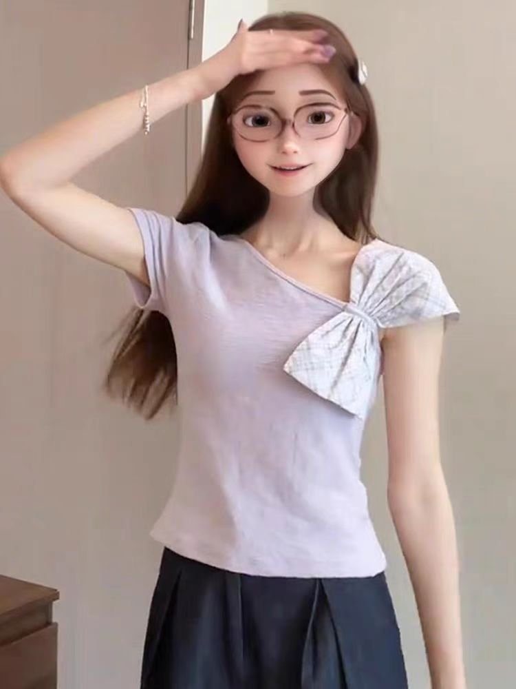 Vapetix S-XL Original Wrinkled Cotton Fabric Butterfly Bow Strapped Short-Sleeve Top for Women Short Length Figu – Bild 2