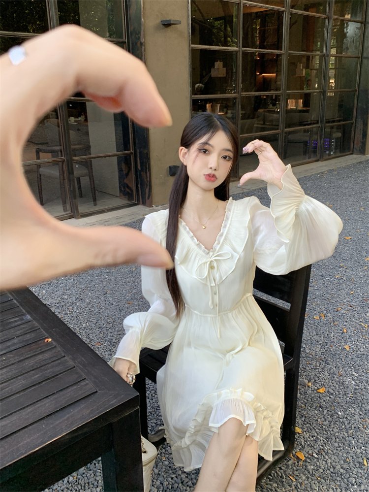 Vapetix S-2XL Gentle Breeze V-Neck Belted Long-Sleeve Dress for Women - Summer New Arrival French Chic Slimming M – Bild 5