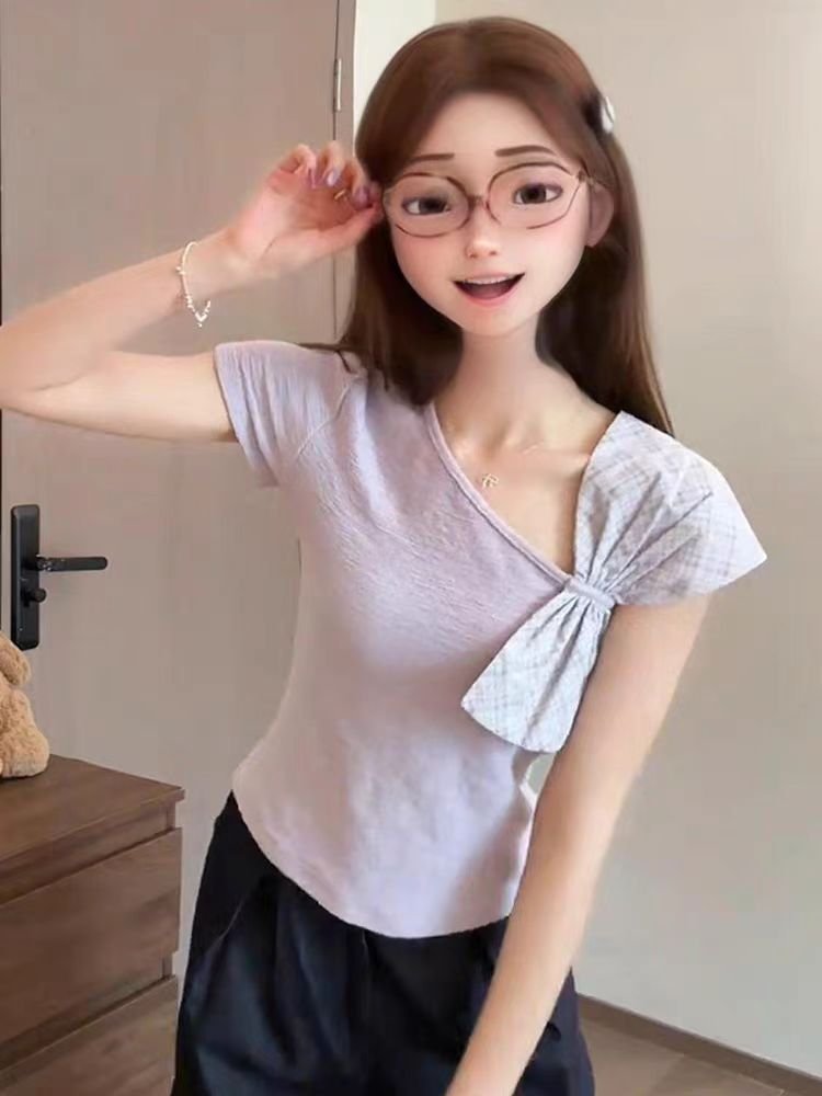 Vapetix S-XL Original Wrinkled Cotton Fabric Butterfly Bow Strapped Short-Sleeve Top for Women Short Length Figu – Bild 3