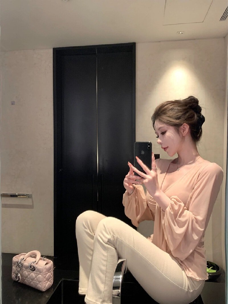 Vapetix S-L Kubiliv Misty Color Alluring Gentle Pure Desire Atmosphere Fitted Pleated V-Neck Elastic Long-Sleev – Bild 8