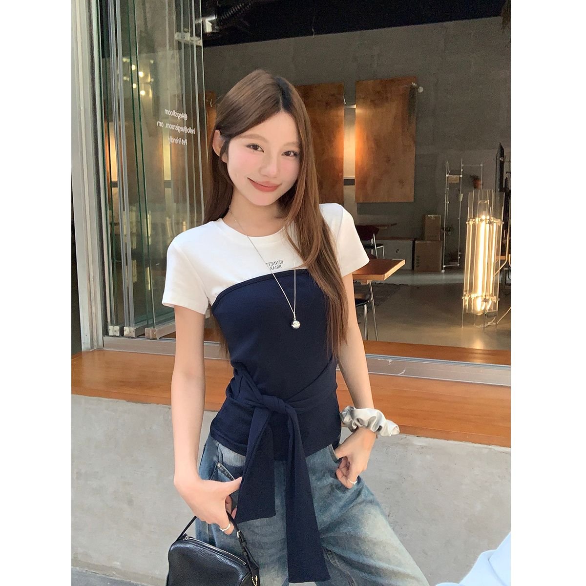 Vapetix S-XL 【40-ply Pure Cotton】Two-Tone Plaid Strap Short-Sleeve T-Shirt for Women - Summer Slimming & Stylish – Bild 4