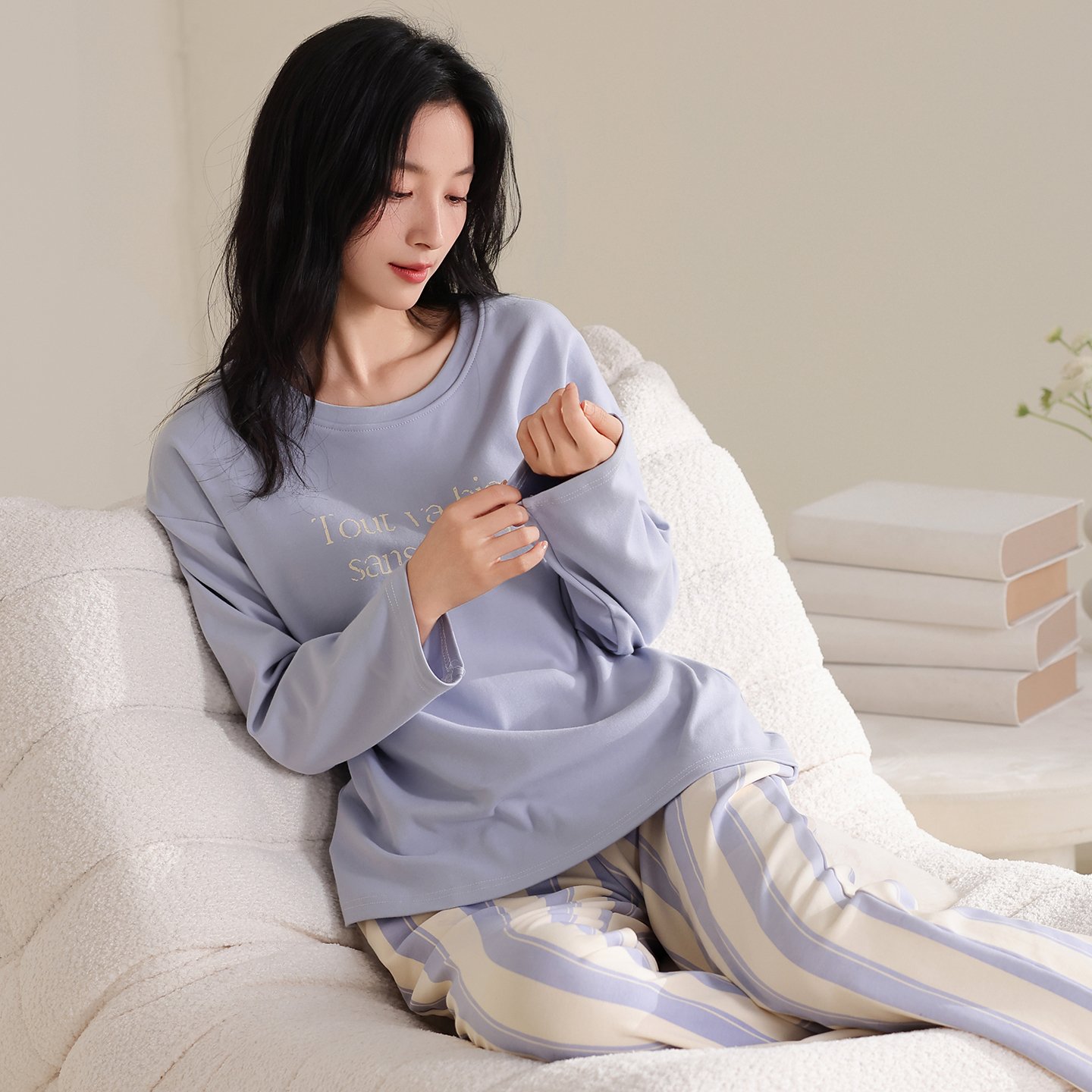 Vapetix M-XXL Qiao Mengran 2025 Autumn Pure Cotton Crew-Neck Long-Sleeve Long-Pants Pajama Set for Women – Casual – Bild 5