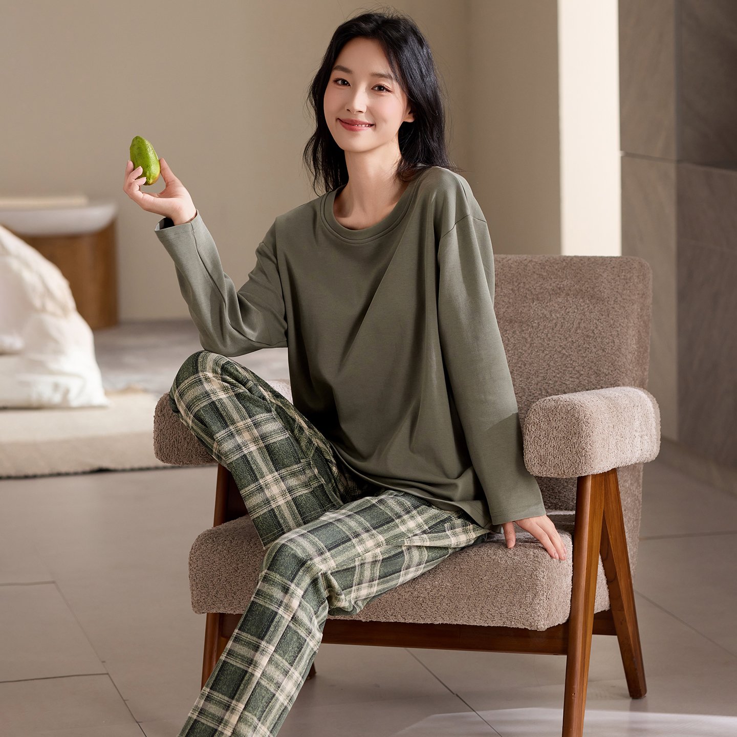 Vapetix M-XXL Qiao Mengran 2025 Autumn Cotton Crew Neck Long Sleeve Long Pants Nightgown Set for Women Casual Com – Bild 3