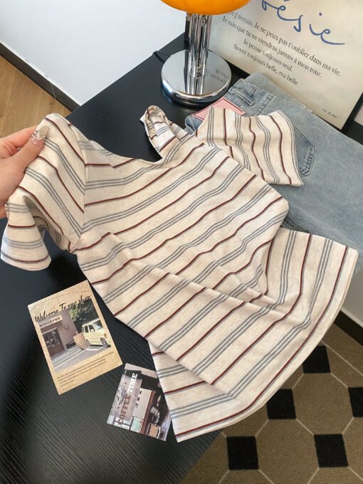 Vapetix S-XL  Korean-style striped asymmetrical shoulder short-sleeve women's thin summer new design unique absol – Bild 4