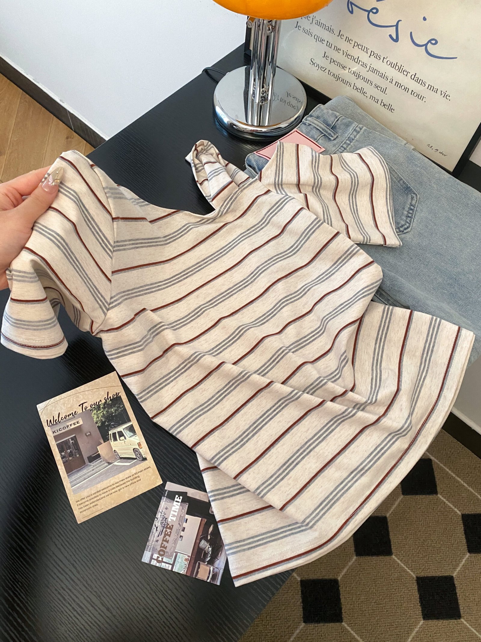 Vapetix S-XL Korean-style striped asymmetrical shoulder short-sleeve women's thin summer new design unique absol - 图片 4