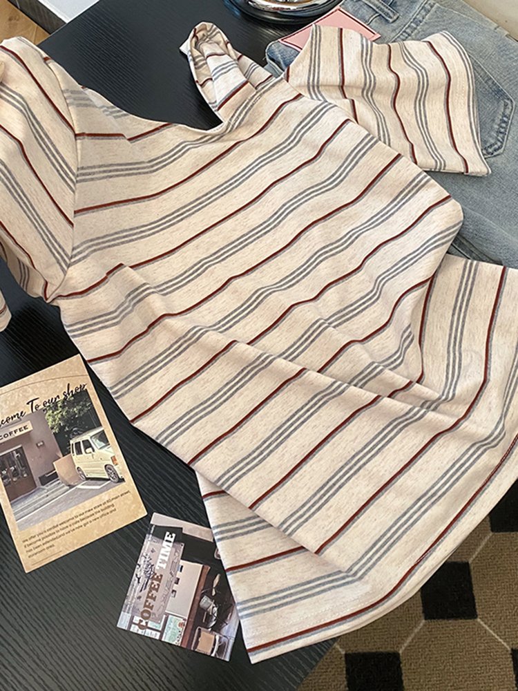 Vapetix S-XL Korean-style fresh and chic distinctive striped off-shoulder women's summer new short-sleeve T-shir – Bild 3