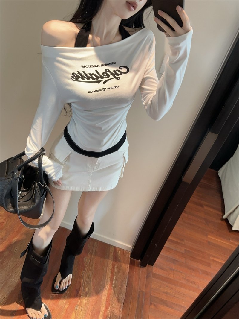 Vapetix Free Size-Free Size ~2025 New Pure Desire Color Block Collared False Two-Piece Letter Print Long-Sleeve T-Shirt Slimmin – Bild 7